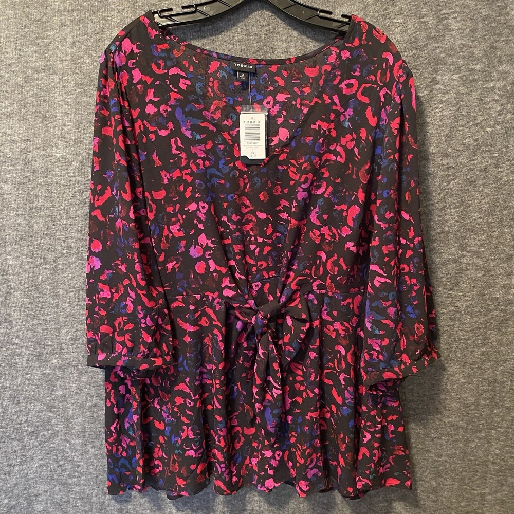 Torrid Top Womens 3 3X Multi Leopard Print Georgette Tie Front Peplum Blouse NEW